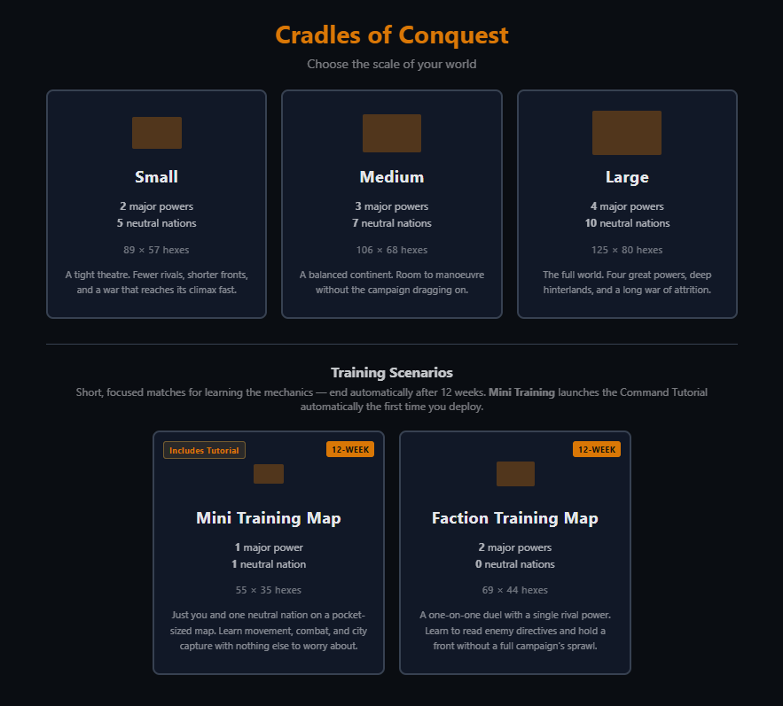 Map size and training scenario selection screen